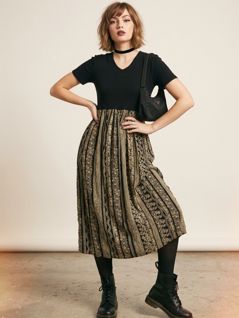 Vintage 90s Bohemian Black And Tan Printed Midi Pleated Shift Dress Large